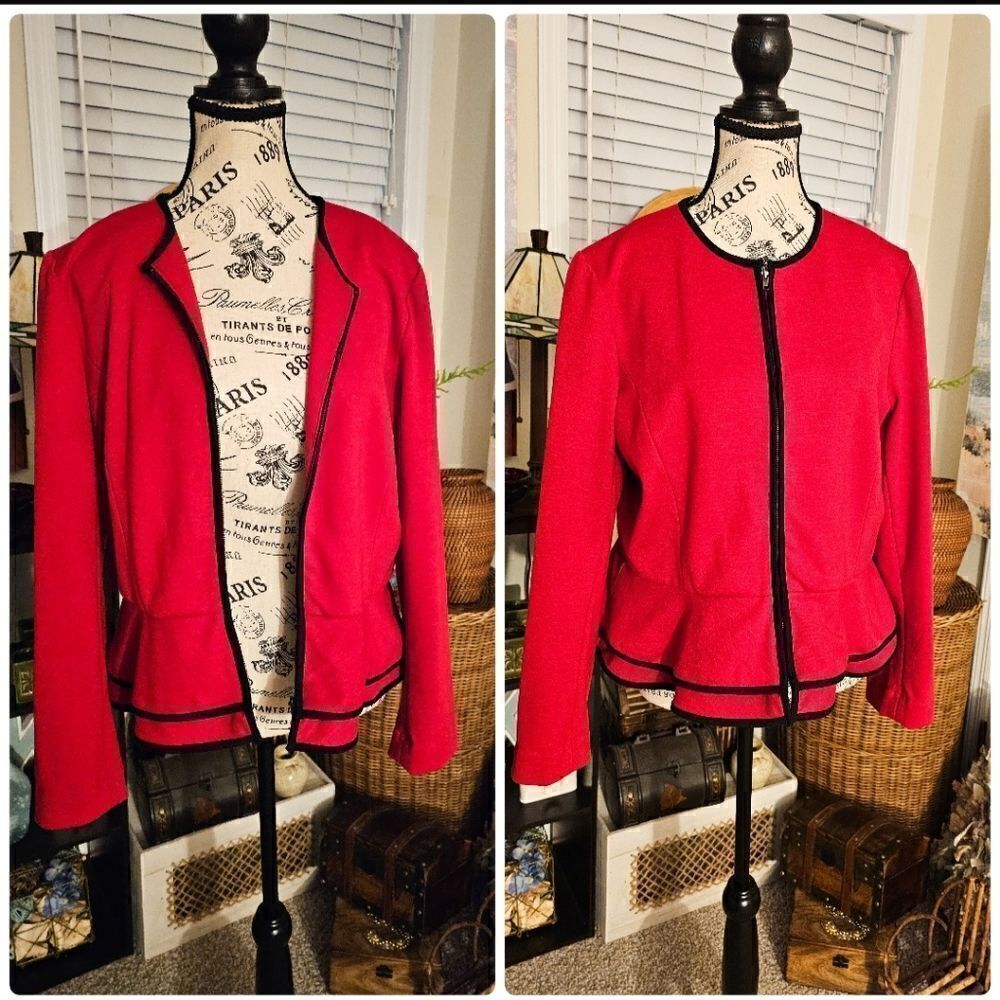 New Valarie Bertineli Red Stylish Peplum Full Zipper Front Blazer Jacket.